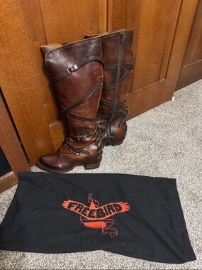 freebird Tall Brown Leather Riding Boots with Buckle Straps